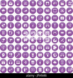 100 multimedia icons set purple Stock Vector
