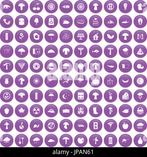 100 mushrooms icons set purple Stock Vector