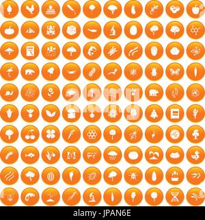 100 microbiology icons set orange Stock Vector