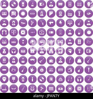 100 music icons set purple Stock Vector