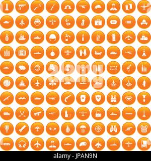 100 military resources icons set orange Stock Vector