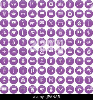 100 national flag icons set purple Stock Vector