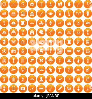 100 museum icons set orange Stock Vector