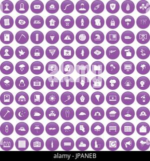 100 natural disasters icons set purple Stock Vector