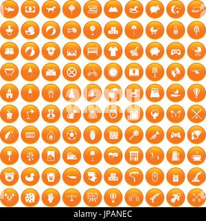 100 nursery icons set orange Stock Vector