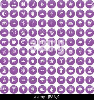100 nature icons set purple Stock Vector