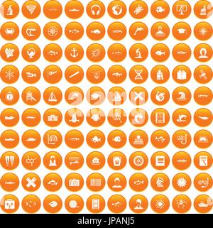 100 oceanologist icons set orange Stock Vector