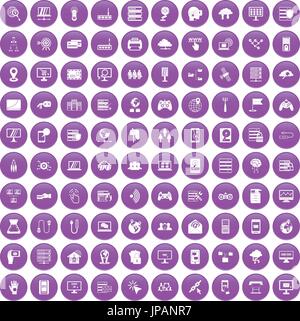 100 network icons set purple Stock Vector