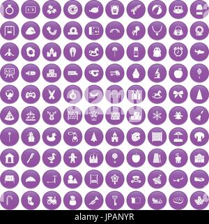 100 nursery school icons set purple Stock Vector