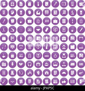 100 office icons set purple Stock Vector