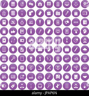 100 office work icons set purple Stock Vector