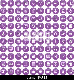 100 online shopping icons set purple Stock Vector
