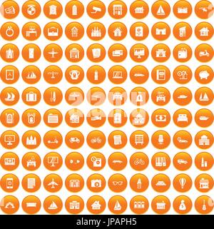 100 property icons set orange Stock Vector