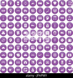 100 paying money icons set purple Stock Vector