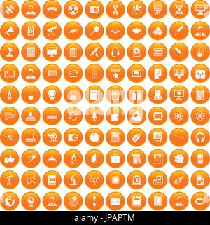 100 researcher science icons set orange Stock Vector