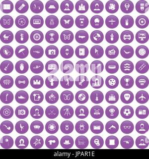 100 photo icons set purple Stock Vector