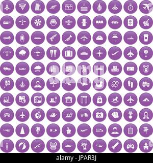 100 plane icons set purple Stock Vector