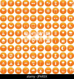 100 scenery icons set orange Stock Vector