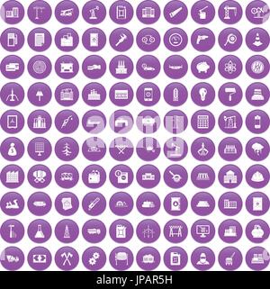 100 plant icons set purple Stock Vector
