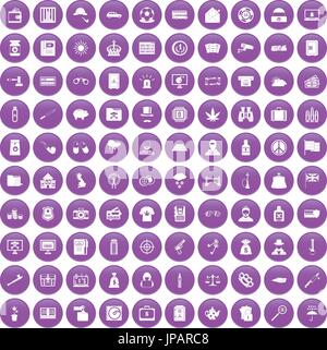 100 police icons set purple Stock Vector