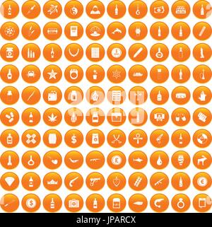 100 smuggling goods icons set orange Stock Vector