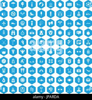 100 active life icons set blue Stock Vector