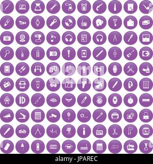 100 portable icons set purple Stock Vector