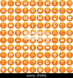 100 sport journalist icons set orange Stock Vector