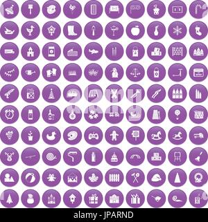 100 preschool education icons set purple Stock Vector