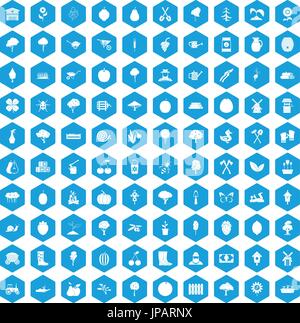 100 agriculture icons set blue Stock Vector