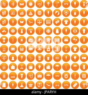 100 summer shopping icons set orange Stock Vector