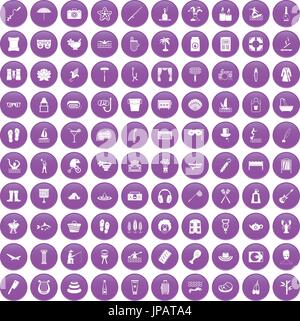 100 recreation icons set purple Stock Vector