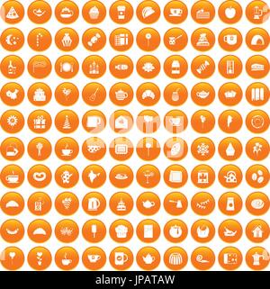 100 tea party icons set orange Stock Vector