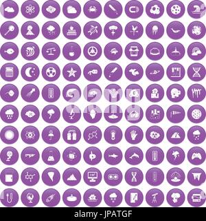 100 research icons set purple Stock Vector