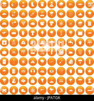 100 thunderstorm icons set orange Stock Vector