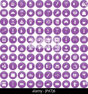 100 restaurant icons set purple Stock Vector