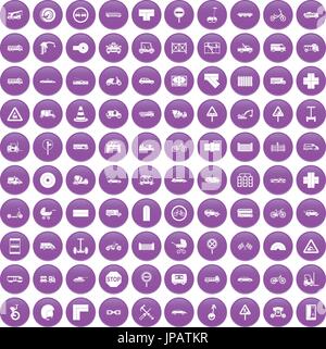 100 road icons set purple Stock Vector