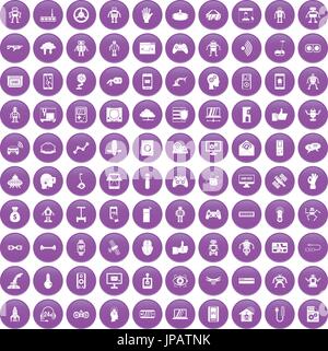 100 robot icons set purple Stock Vector