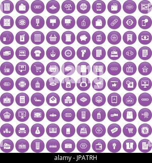 100 sale icons set purple Stock Vector