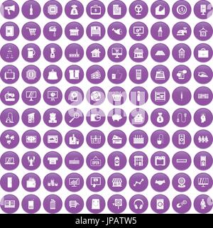 100 sales icons set purple Stock Vector