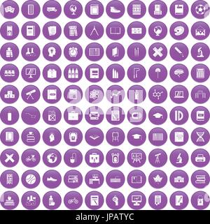 100 school icons set purple Stock Vector