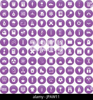 100 school years icons set purple Stock Vector