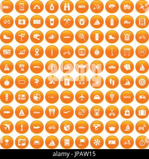 100 voyage icons set orange Stock Vector