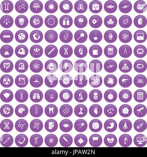 100 science icons set purple Stock Vector