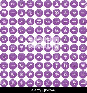 100 sea icons set purple Stock Vector