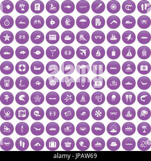 100 sea life icons set purple Stock Vector