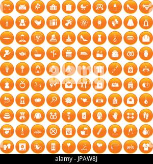 100 woman happy icons set orange Stock Vector