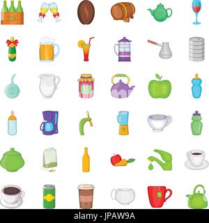 Fruit and drink icons set, cartoon style Stock Vector