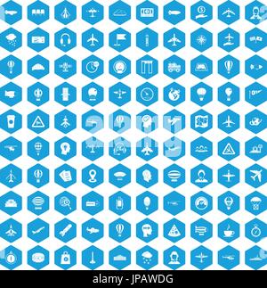 100 aviation icons set blue Stock Vector