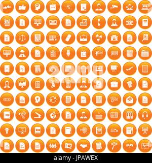 100 work paper icons set orange Stock Vector